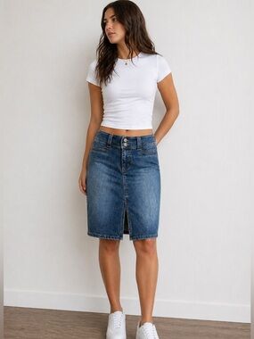 Vintage Y2K SO Denim Pencil Skirt Double Button Midi Slit Size 7
